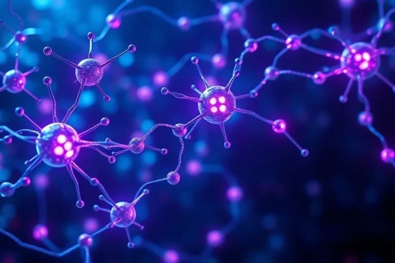 Representación 3D de vías biológicas interconectadas y receptores hormonales.