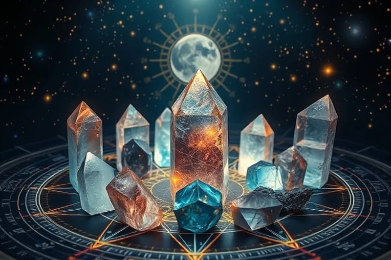 Composición artística de cristales de cuarzo, amatista y selenita brillando sobre una intrincada rejilla de la Flor de la Vida, simbolizando la armonía y el flujo energético que emana de su interacción.