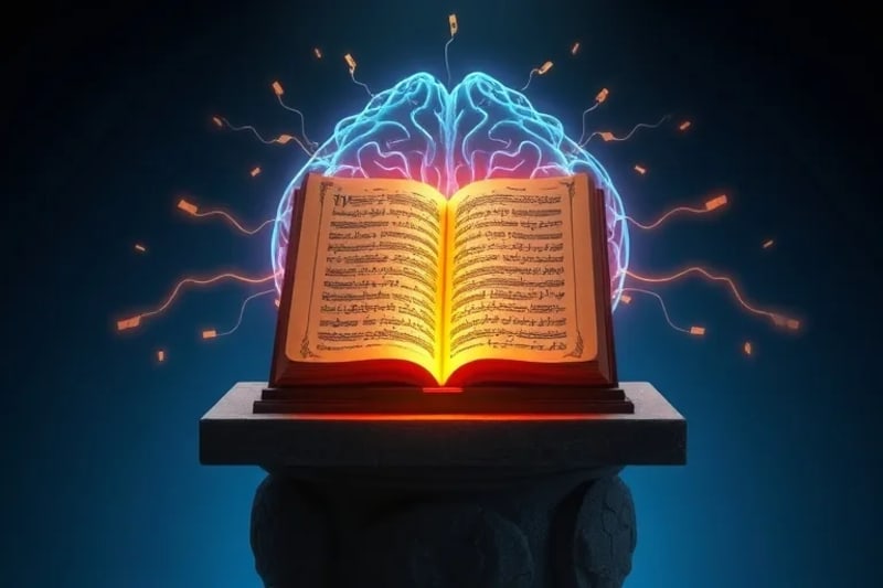 Redes neuronales y actividad cerebral con notas musicales translúcidas en 3D