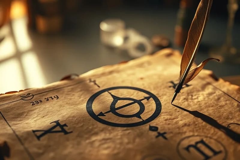 Close-up of weathered parchment with calligraphic symbols and an intricately drawn sigil, a quill pen resting beside it.