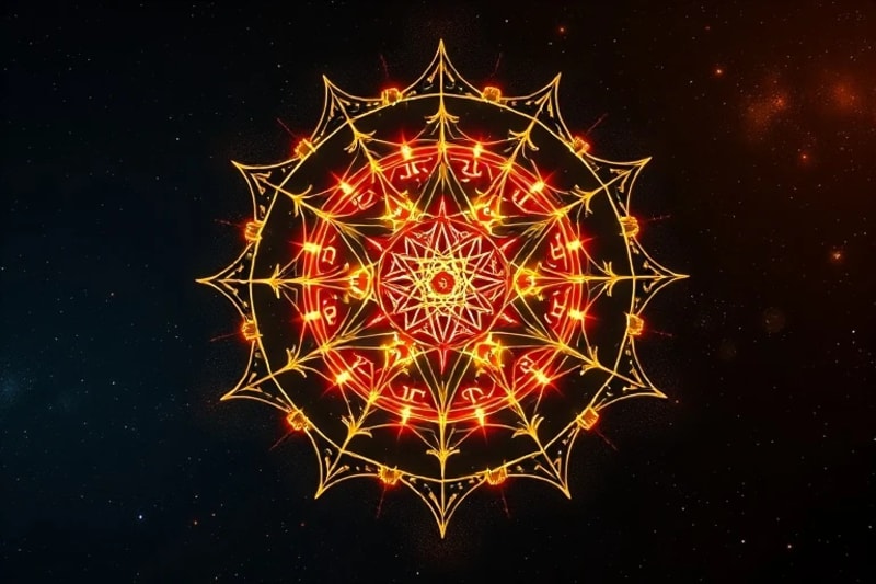 Abstract 3D render of a swirling vortex of luminous letters and symbols coalescing into a complex, multi-layered sigil, with vibrant colors against a cosmic background.