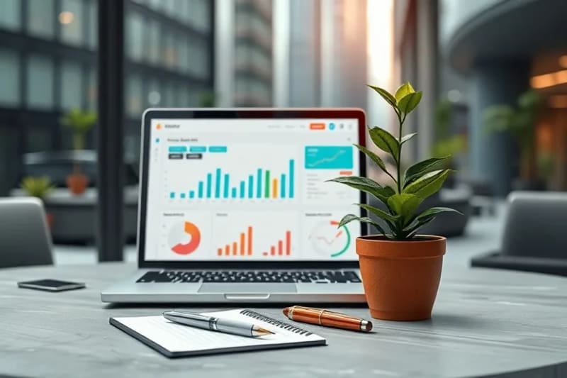 Oil painting of a desk with laptop, plant, and pen