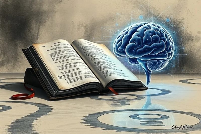 Biblia antigua con código binario y proyección holográfica de cerebro, simbolizando la intersección de fe y tecnología.
