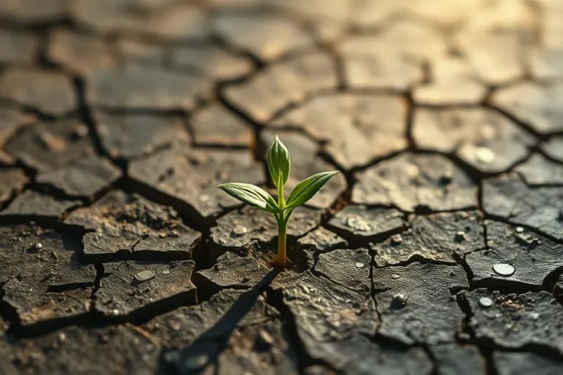 Brote de planta emergiendo de tierra con textura de circuito, con un mapa celestial superpuesto.