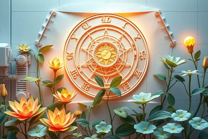 Futuristic botanical lab with holographic planetary alignments projected onto glowing, enhanced plants.