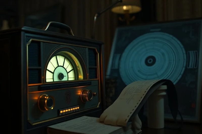 A vintage 1940s radio receiver with scattered film reels and abstract frequency diagrams, symbolizing the fusion of old Hollywood glamour and scientific innovation.