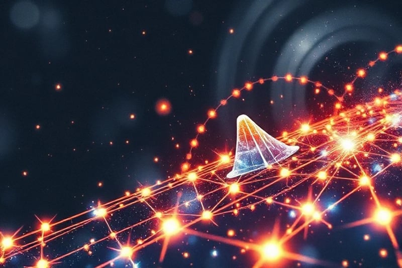 Abstract glowing lines representing frequency waves intertwining with a stylized 1940s torpedo fin, symbolizing the hidden technological infrastructure.