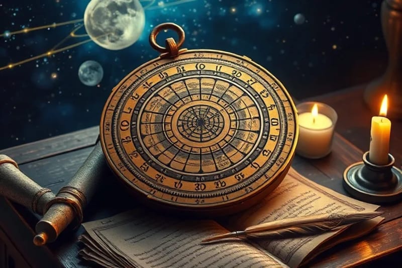 Antique astrolabe with intricate engravings of Lunar Mansions on a wooden table with scrolls and candlelight.