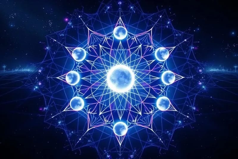 Abstract 3D render of luminous threads representing life's journey influenced by glowing spheres of lunar phases.