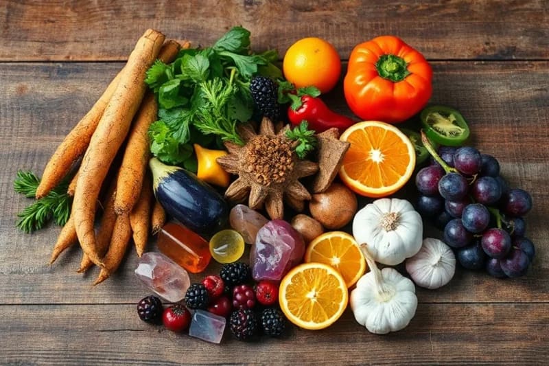Primer plano de cristales y alimentos organizados por color de chakra.