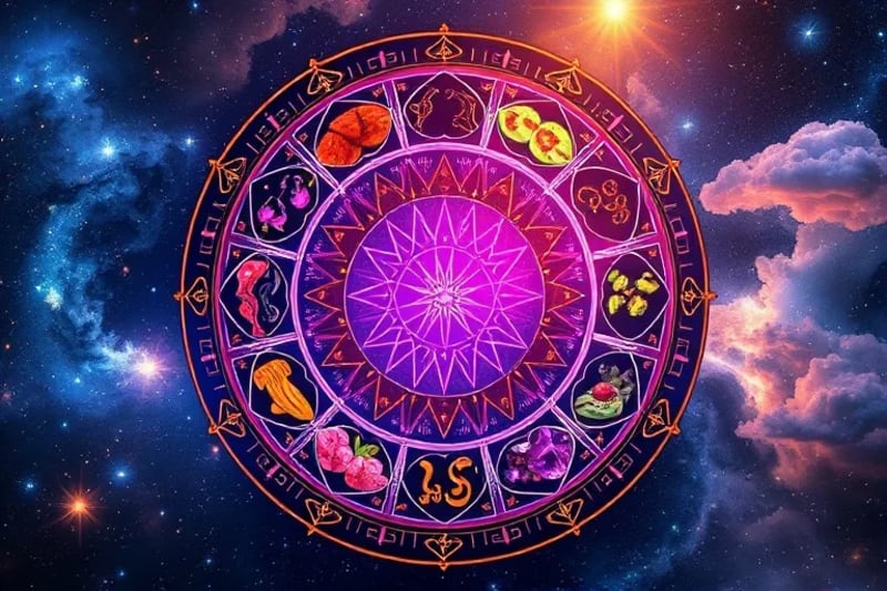 Rueda zodiacal con platos y cristales asociados a cada signo.