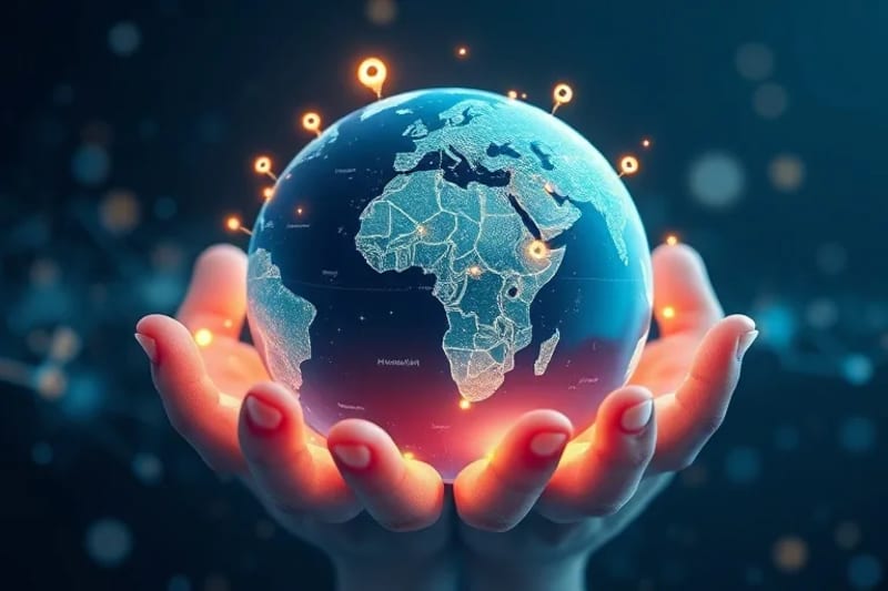 Globo estilizado con iconos de ODS en mercados emergentes, sostenido por manos etéreas