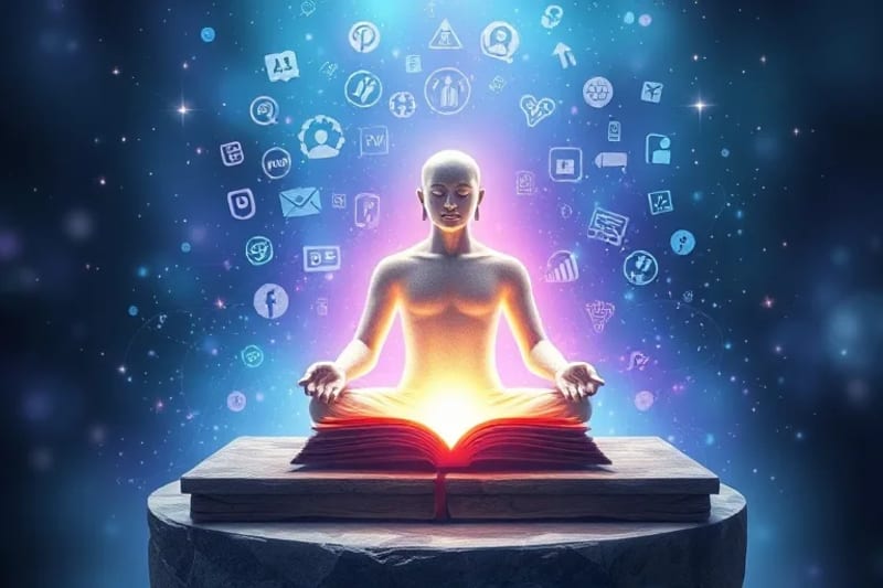 Persona meditando en calma, rodeada por una burbuja protectora de luz mientras símbolos digitales y notificaciones flotan inofensivamente a su alrededor.