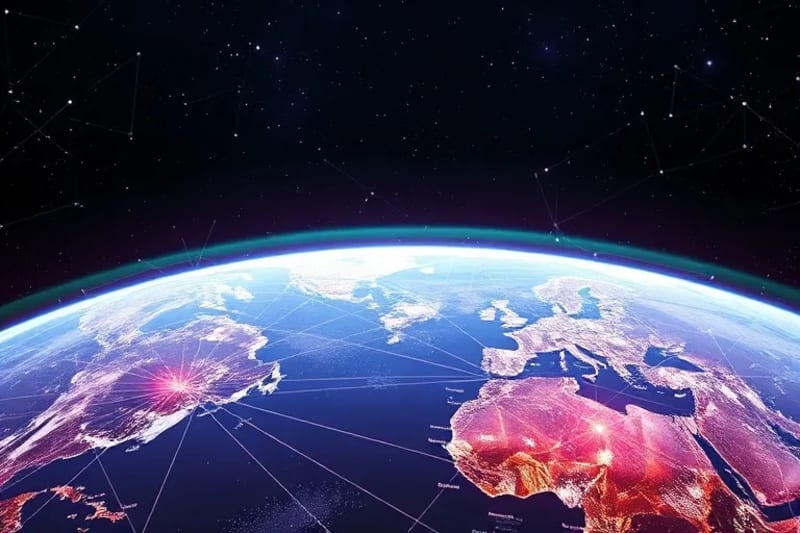 Abstract vector art showing international legal boundaries extending into space, symbolizing the new legal frontier