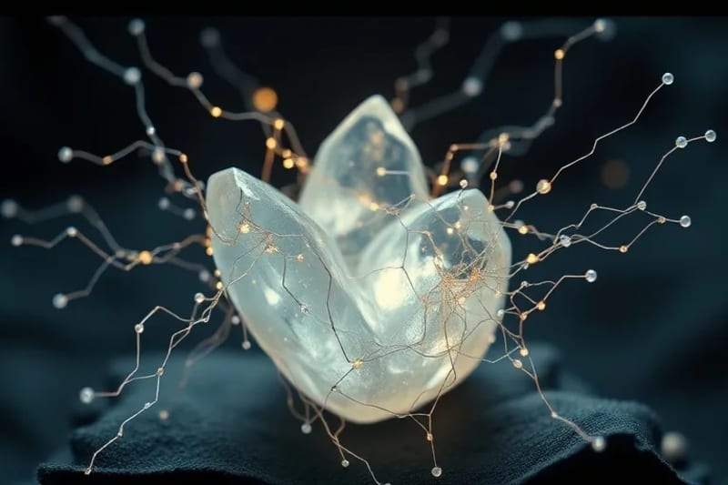 Una intrincada red de hilos etéreos y brillantes que envuelven un cristal puro, simbolizando la manipulación espiritual.