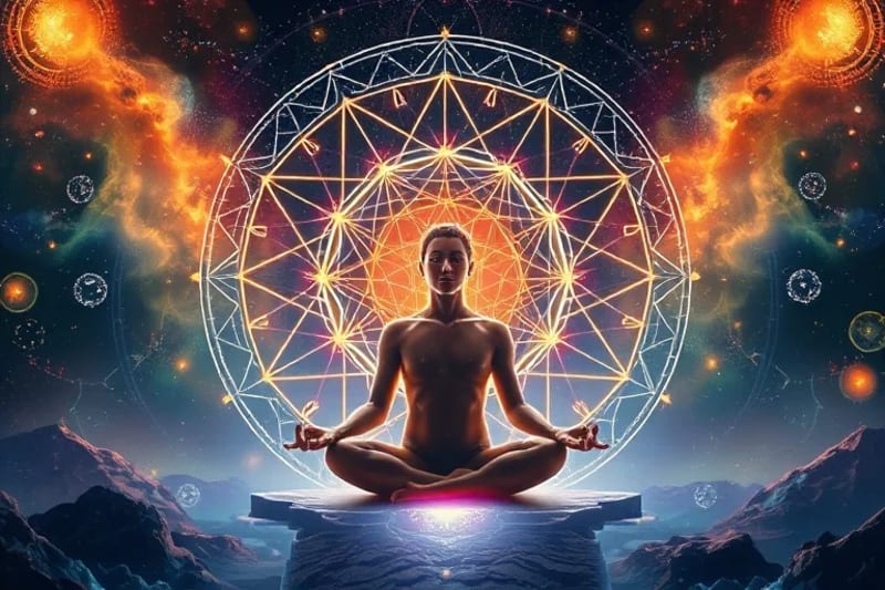 Persona meditando en un entorno futurista, rodeada de proyecciones holográficas de símbolos planetarios y datos de biofeedback, simbolizando la alineación de la energía personal con las frecuencias cósmicas.