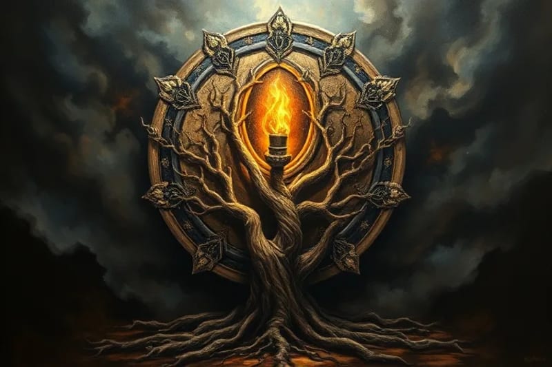 Un antiguo escudo hecho de ramas entrelazadas y raíces, que emana una luz protectora contra un fondo oscuro y humeante.
