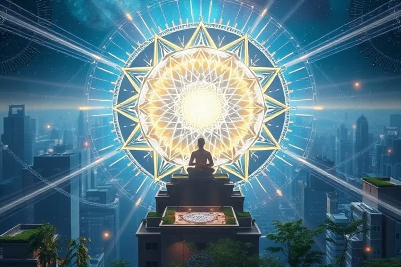 Abstract rendering of light beams and energetic currents flowing through a city, with a meditating figure.