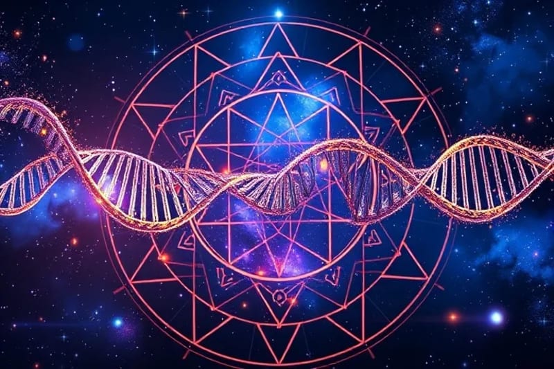 Representación abstracta de la doble hélice del ADN entrelazada con polvo cósmico luminoso y partículas cuánticas, con glifos astrológicos flotando, simbolizando la conexión entre el código genético y las energías universales.