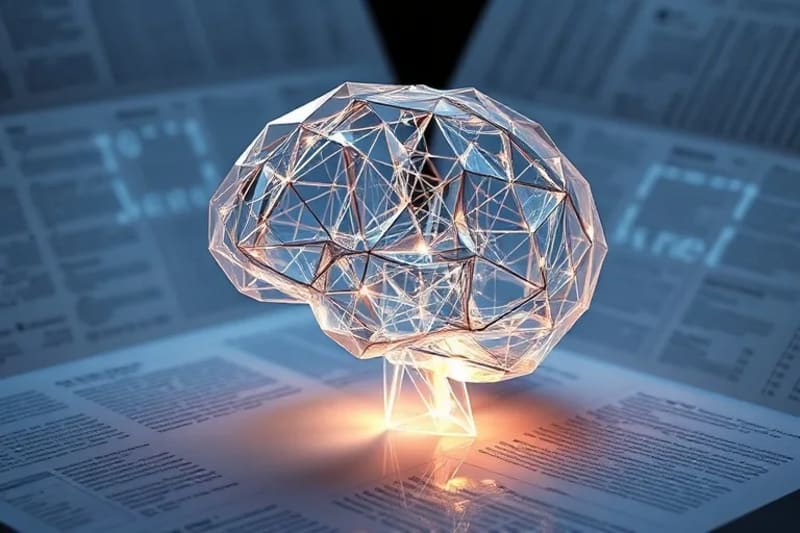 Conceptual still-life of a transparent crystalline brain model with digital circuits, philosophical texts, and a holographic algorithm, symbolizing the intersection of biology, technology, and thought.