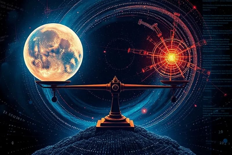 Abstract digital painting of a scale balancing two glowing orbs, representing AI suffering and human benefit. Background is a vortex of binary code and philosophical symbols in dark, contemplative colors.