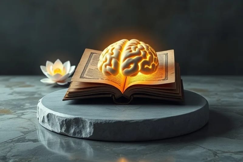 Modelo 3D de un cerebro brillante con instrumentos científicos y símbolos de paz, como una flor de loto.