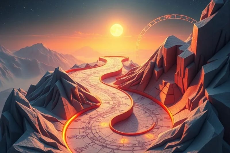 Digital painting of an abstract, winding illuminated path with geometric shapes, symbolizing an evolutionary journey