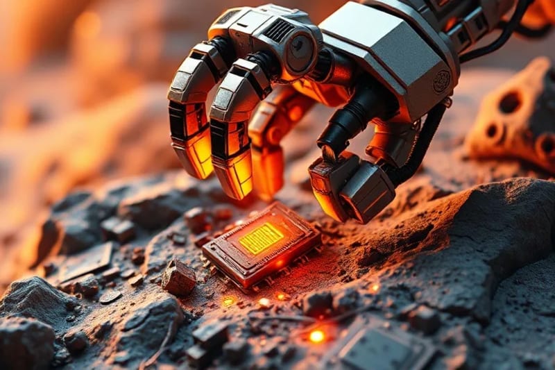 Brazos robóticos extrayendo minerales de un asteroide