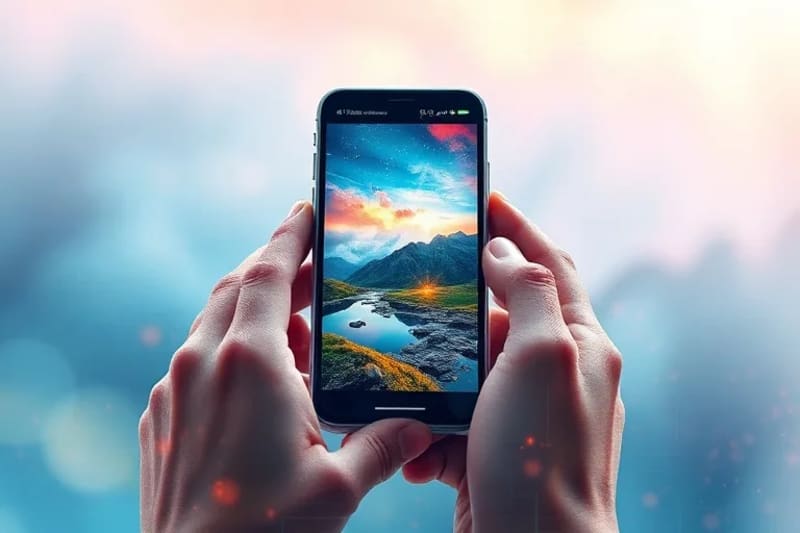 Manos sosteniendo un smartphone con pantalla de paisaje natural