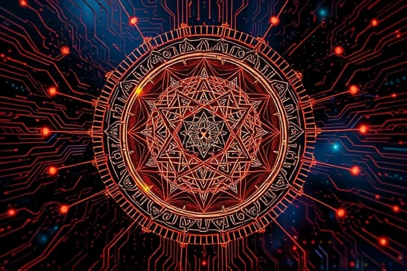 Digital painting illustrating the complex process of decoding AI-generated symbols, with ancient glyphs and modern circuit boards intertwined, illuminated by data streams.