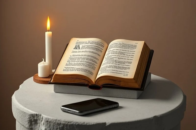 Escritorio minimalista con vela y libro abierto, smartphone apagado