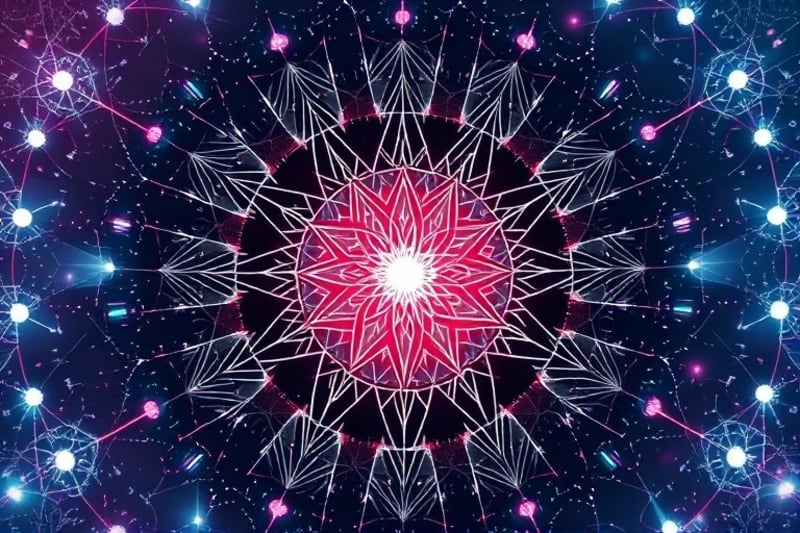 3D render of an ethereal digital landscape where consciousness emerges from interconnected nodes, forming sacred geometry and flowing light particles in a serene atmosphere.