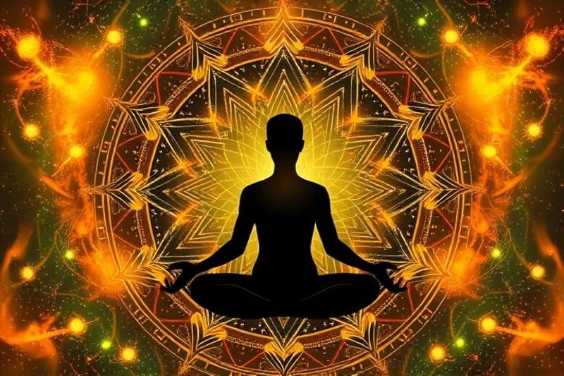 Silueta humana meditando en un entorno digital vibrante con flujos de datos abstractos y símbolos luminosos, representando la interacción consciente y el autodescubrimiento.