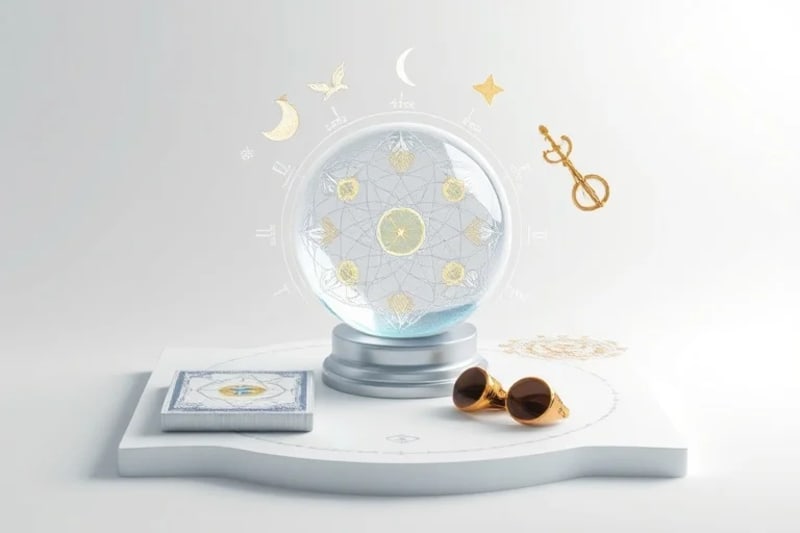 Herramientas simbólicas para la autoexploración, como cartas de tarot digitalizadas, una esfera de cristal con fractales y un pergamino holográfico con escritura antigua, flotando en una interfaz minimalista.