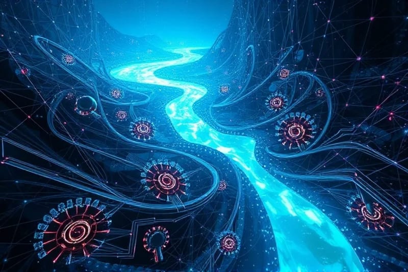 Representación abstracta de un río de luz y colores calmantes que atraviesa un paisaje caótico de tecnología, simbolizando la paz interior en la era digital.