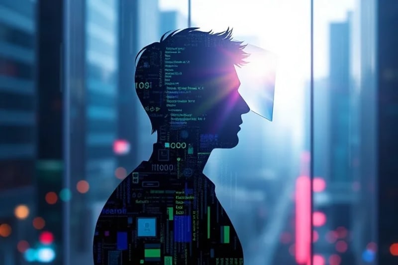 Ilustración digital de una silueta humana con un campo de fuerza protector alrededor de la cabeza, simbolizando la privacidad mental.