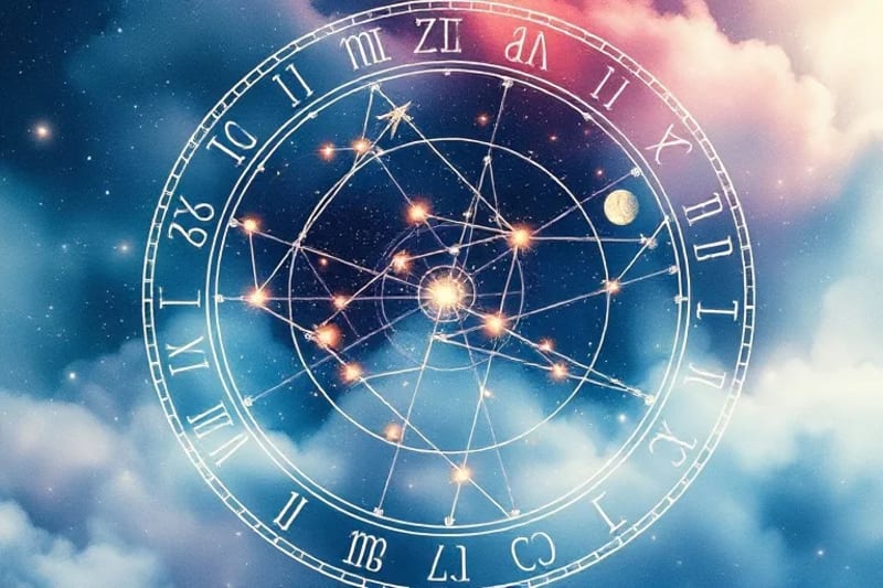 Pintura acuarela de fenómenos meteorológicos y símbolos celestes entrelazados