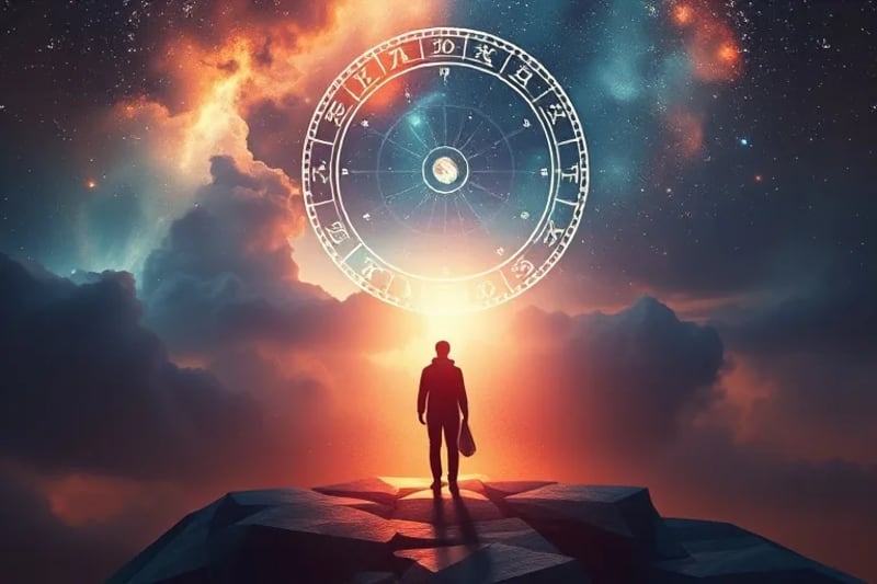 Stylized depiction of a person at a crossroads, illuminated by planetary energies, with a subtle birth chart overlay