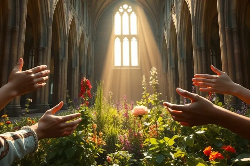 Manos de diferentes generaciones cuidando un jardín floreciente, simbolizando la custodia de la creación y la transmisión de conocimientos.