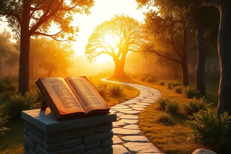 Un sendero serpenteante a través de un bosque exuberante al amanecer, con una luz etérea al final, simbolizando un camino de renovación y esperanza.