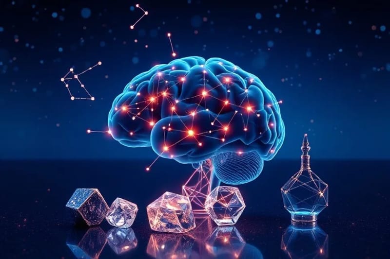 Cerebro con patrones neuronales y símbolos astrológicos