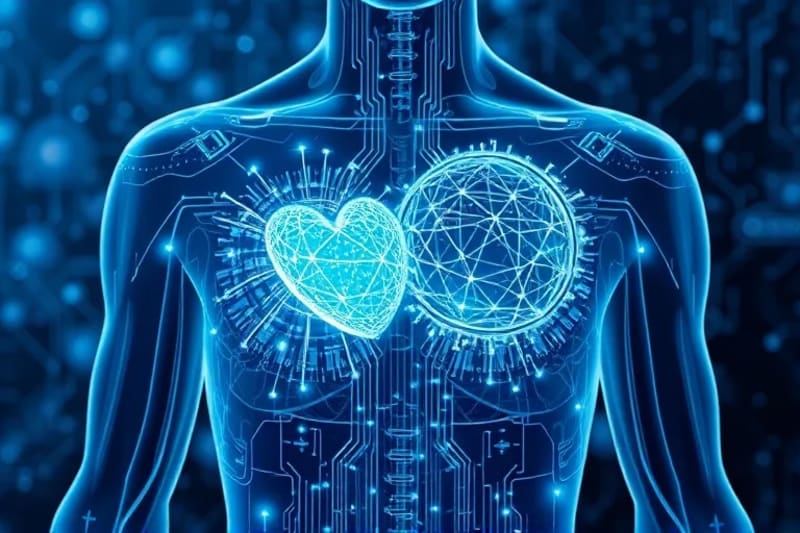 Silueta humana translúcida con patrones de datos luminosos y gráficos fluyendo en la zona del pecho, representando el análisis predictivo y la detección temprana de enfermedades cardíacas.