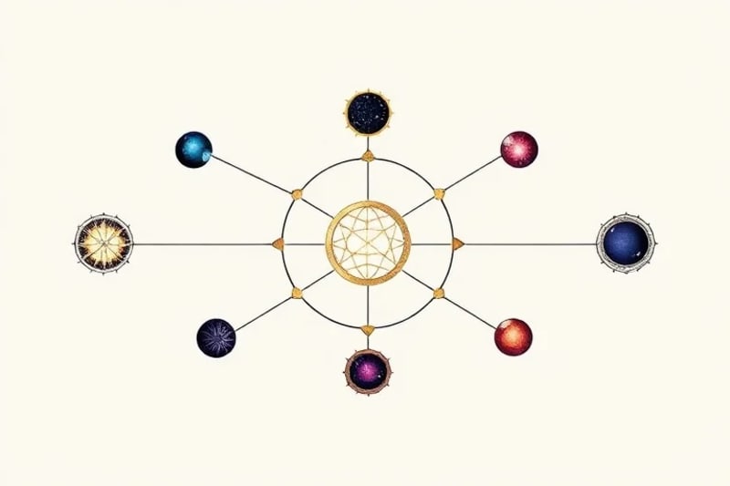 Abstract vector art showing interconnected glowing orbs and geometric patterns, symbolizing the subtle and dynamic interactions of planetary energies.