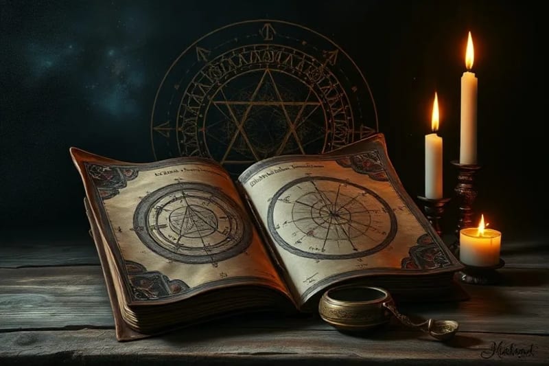 Oil painting of an antique astrolabe on a wooden table with ancient scrolls, symbolizing the study of time and celestial mechanics in electional astrology.