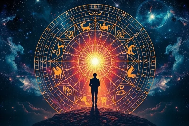 Figura en un cruce de caminos con símbolos zodiacales y de tarot, representando la dualidad de la sombra y la luz en el viaje de autodescubrimiento.