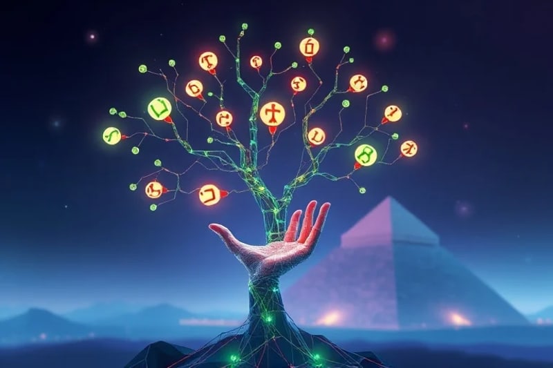 Representación abstracta de un árbol digital con microchips como frutos, simbolizando el conocimiento tecnológico.