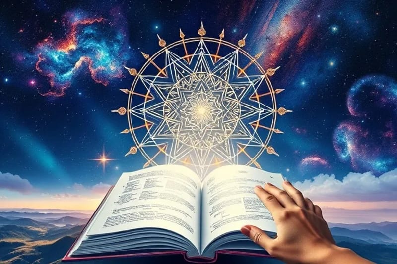 Paisaje onírico en acuarela con un libro abierto del que emergen formas de luz y sombra, mezclando símbolos zodiacales y de tarot, con una mano que observa.