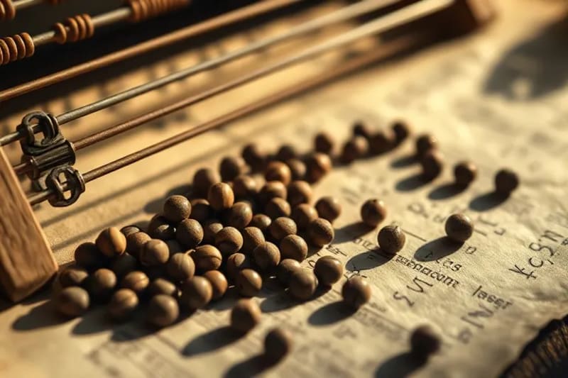 Cuentas de cálculo antiguas de color óxido y gris, esparcidas sobre un pergamino envejecido con inscripciones griegas, evocando el origen de la aritmética y la sabiduría ancestral.