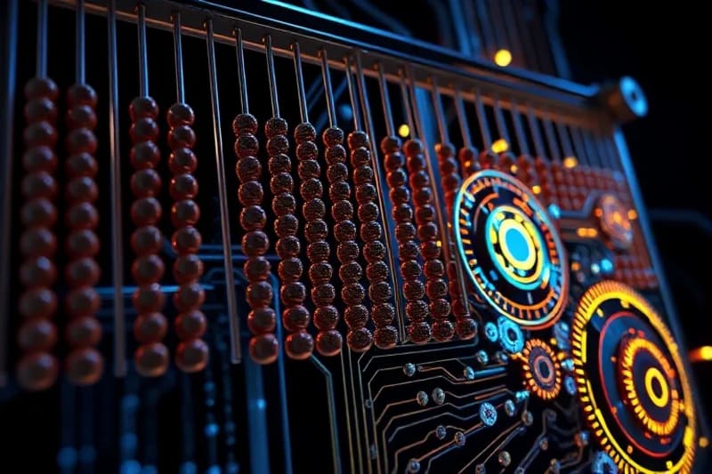 Una fusión conceptual de antiguos engranajes mecánicos con circuitos futuristas y elementos de ábaco, simbolizando la evolución de la computación desde sus raíces históricas hasta la inteligencia artificial.
