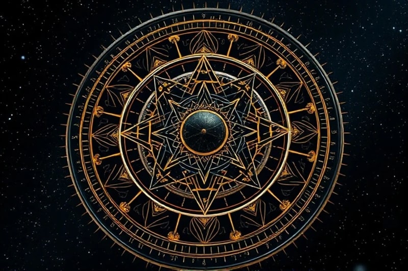 Intricate celestial mechanism with embedded archetypal figures